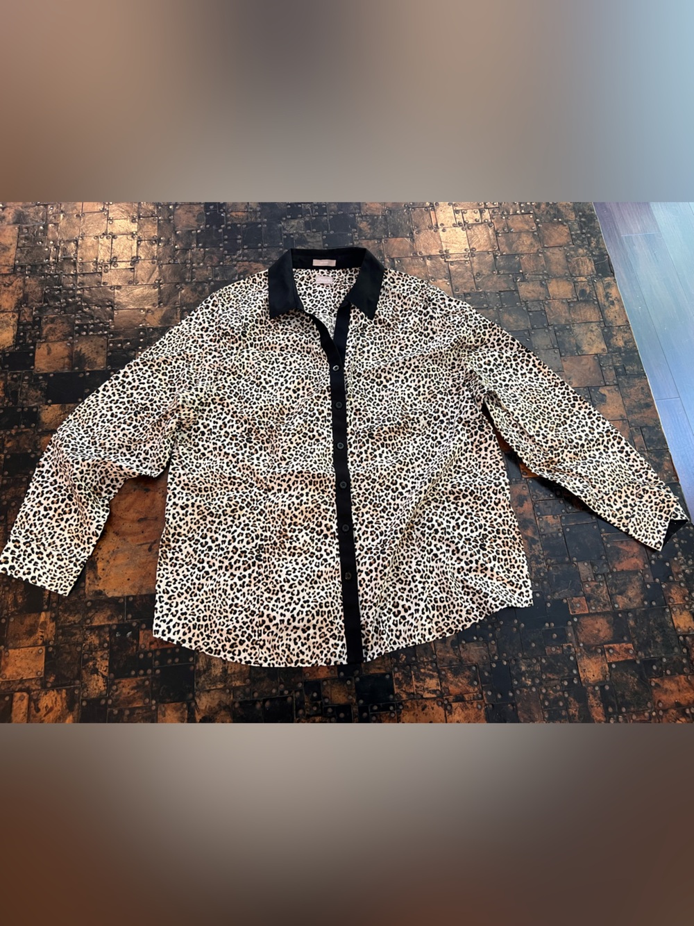 Chico's No Iron Leopard Print Button-Down Shirt with Black Trim